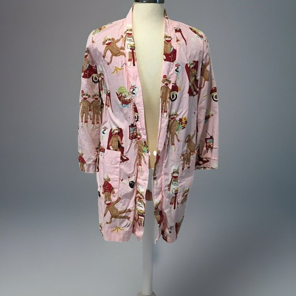 Nick & Nora Sock Monkey Robe Size S/M Pockets Pink Bathrobe Wrap Lined NO BELT